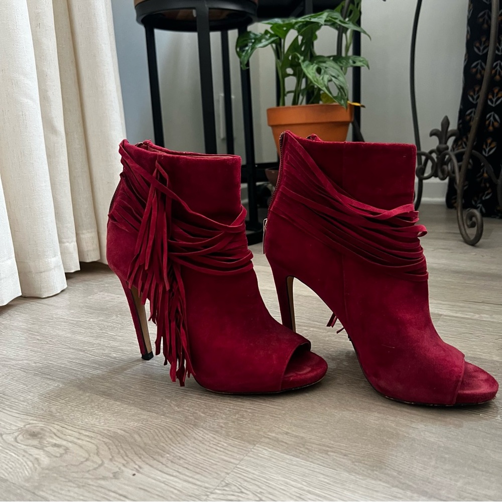 Vince Camuto Wine Burgundy Peep-Toe Fringe Bootie